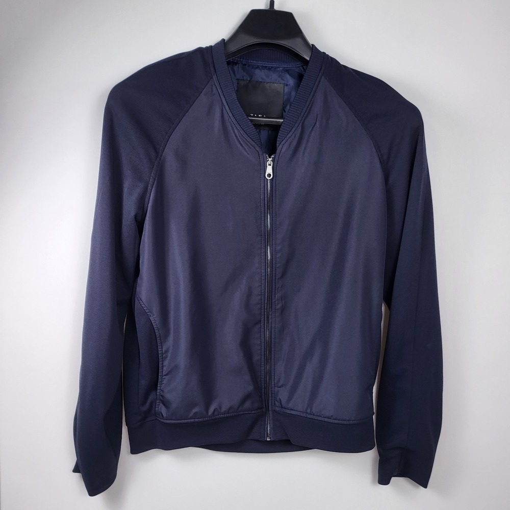 Zara Collection Women Large Navy Blue Lightweight Varsity Bomber Jacket Athletic